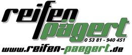 Logo mit Schriftzug "reifen pägert" in Schwarz-Grün, Webseite und Telefonnummer unten.