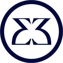 Kreis mit stilisiertem X in der Mitte, dunkelblau auf weißem Hintergrund.