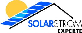 Logo mit einem gelben Kreis, blauem Solardach und dem Text "SOLARSTROM EXPERTE".