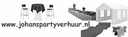 www.johanspartyverhuur.nl, tafels, stoelen, tent, loper en decoraties in collage.