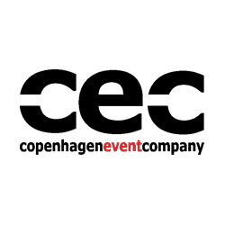 Logo med teksten "cec" og "copenhagen event company" i sort og rød.