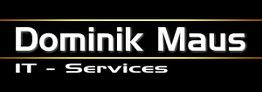 Schwarzes Logo mit weißem Text: "Dominik Maus IT - Services" und goldener Linie darüber und darunter.