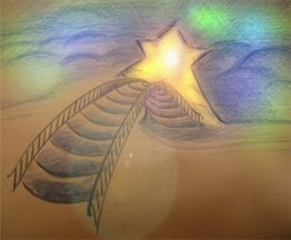 Eine gezeichnete Treppe führt zu einem leuchtenden Stern im Himmel mit bunten Wolken.