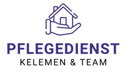 Ein Logo mit einer Hand, die ein Haus hält, und dem Text „Pflegedienst Kelemen & Team“.