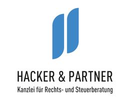 Zwei blaue stilisierte Linien über dem Schriftzug "Hacker & Partner" und "Kanzlei für Rechts- und Steuerberatung".