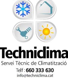 Logotipo de Techniclima con íconos de aire, hogar, herramienta y sol. Texto de contacto incluido.