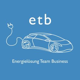 Strichzeichnung eines Elektroautos mit Stecker auf blauem Hintergrund, Beschriftung: "Energielösung Team Business".