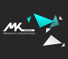 Logo mit "MK Veranstaltungstechnik" und bunten Dreiecken auf schwarzem Hintergrund.