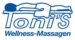 Zeichnung einer Person bei Wellness-Massage, Text "Toni's Wellness-Massagen" in Blau.