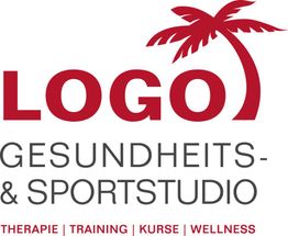 Logo mit Palme und Text "Gesundheits- & Sportstudio". Bereiche: Therapie, Training, Kurse, Wellness.