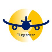 Flugzeug-Logo über gelbem Kreis mit Text "flugcenter" darunter.