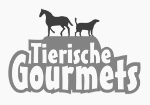 Silhouette von Pferd und Hund über dem Text "Tierische Gourmets" in stilisierter Schrift.