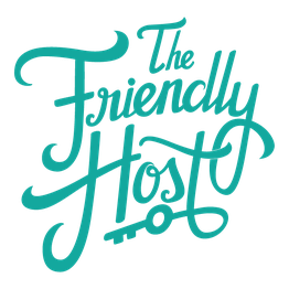 The Friendly Host logo met sierlijk turquoise letters en sleutelontwerp.