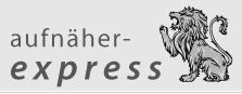 Aufschrift "aufnäher-express" mit einem stehenden Löwenemblem daneben.