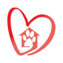 Red heart outline with a house and paw print inside, symbolizing pet care or shelter.