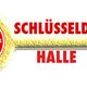 Gelber Schlüssel, roter Text: "Schlüsseldienst Halle". Kreis mit "24h Notdienst".
