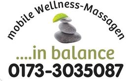 Mobile Wellness-Massagen Logo mit Steinen und Telefonnummer: 0173-3035087.