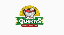 Logotipo de "Las Quekas" con un molcajete y texto: "Comida Mexicana" en fondo blanco.