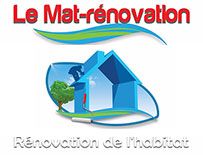Logo de Le Mat-rénovation avec une maison bleue et un arbre, texte sur rénovation de l'habitat.