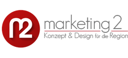 Logo mit rotem "m2", Text: "marketing 2, Konzept & Design für die Region", in Schwarz und Grau.