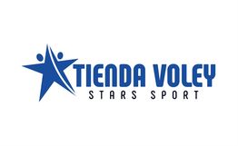 Logotipo azul de "Tienda Voley Stars Sport" con estrella y dos figuras humanas estilizadas.
