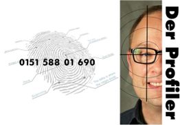 Fingerabdruck mit Telefonnummer links, Gesicht mit Fadenkreuz rechts, Text: "Der Profiler".