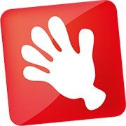 Rotes Quadrat mit weißem Handabdruck in der Mitte.