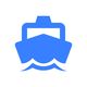 Blaues Schiffsymbol auf weißem Hintergrund, zeigt ein Boot frontal mit Wellen darunter.