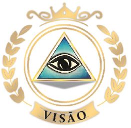 Emblema com triângulo e olho central, coroa e ramos dourados, texto "Visão" abaixo.