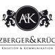 Logo: Schwarzer Kreis mit "A&K", zwei Löwen, Text "ARZBERGER & KRÜGER, Kreation & Kommunikation".