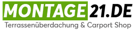 Logo: "MONTAGE Terrassenüberdachung & Carport Shop" in grüner und schwarzer Schrift auf weißem Hintergrund.