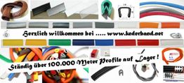 Collage von Kederbändern in verschiedenen Farben und Formen mit Text "Über 100.000 Meter Profile".