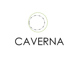 Logotipo com um círculo tracejado verde acima da palavra "CAVERNA" em preto. Fundo branco.