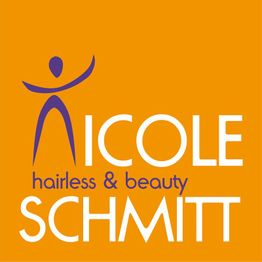 Logo mit Silhouette und Text "Nicole Schmitt hairless & beauty". Orange Hintergrund.