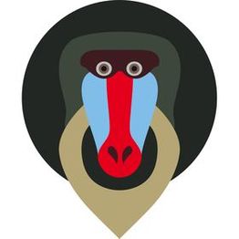 Geometrische illustratie van een mandril met opvallende kleuren in het gezicht.