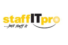Logo mit Text "staffITpro" in Gelb und Schwarz, darunter "...just staff it" in Kursivschrift.