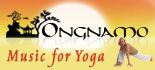 Logo mit Schriftzug "Ongnamo Music for Yoga", Baum und Frau in Yoga-Pose vor Sonnenuntergang.