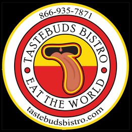 Tastebuds Bistro logo with a stylized tongue, phone number, and website.