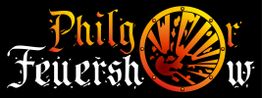 Schwarzes Logo mit Schriftzug "Feuershow" in Flammenfarben und einem Feuerrad in der Mitte.