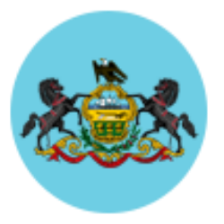 Pennsylvania state emblem with horses, eagle, and shield on a blue circular background.