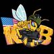 Cartoon bee soldier with a gun, honeycomb letters, and a U.S. flag backdrop.