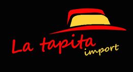 Logo mit rotem und gelbem Hut, Text "La tapita import" in Rot und Gelb auf schwarzem Hintergrund.