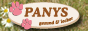 Logo von "PANYS gourmet & salute" mit rosa Tierpfoten auf grasigem Hintergrund.