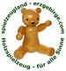 Holzbär mit Schriftzug: "spielzeugland-erzgebirge.com, Holzspielzeug - für alle Sinne".