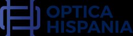 Logotipo de Óptica Hispania con letras en azul y fondo negro.