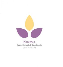 Logo mit gelber und lila Blüte. Text: Kinewax, Kosmetikstudio & Kinesiologie, Leben im Einklang.