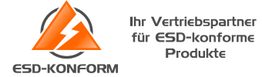 Dreieck-Logo mit Blitz, Text: "ESD-KONFORM, Ihr Vertriebspartner für ESD-konforme Produkte".