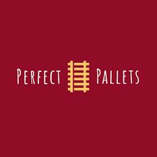 Roter Hintergrund mit gelbem Paletten-Logo, umgeben von weißem Text: "Perfect Pallets".