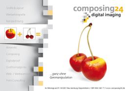 Zwei Kirschen und Tomate mit Text: „ganz ohne Genmanipulation“ und „composing24 digital imaging“.