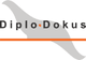 Schriftzug "DiploDokus" mit einem Dino im Hintergrund und einem orangefarbenen Strich darunter.